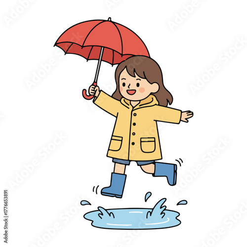 Happy girl jumping in rain puddle holding red umbrella