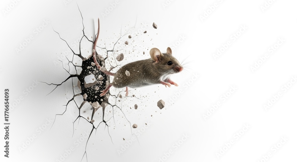 Naklejka premium mouse busting or breaking through a wall on a solid white background, animal photo
