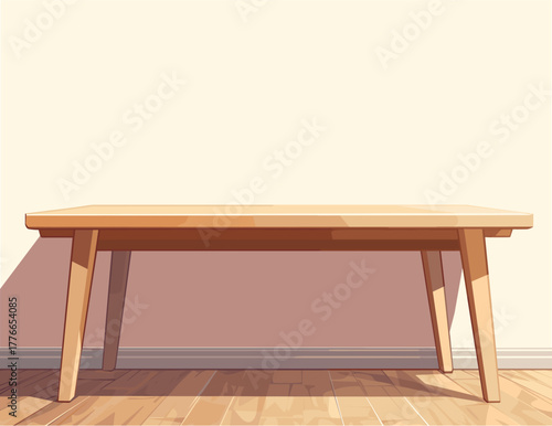 Cartoon room with an empty dining table bathed in morning sunlight, vector illustration