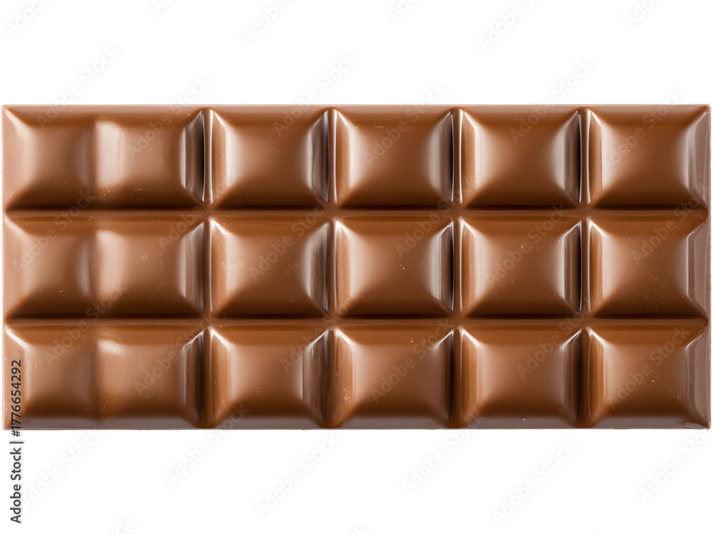 Obraz premium Top view of a milk chocolate bar isolated on transparent background, perfect for sweets, dessert, and food compositions..