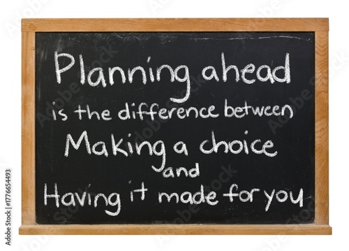 Planning ahead saying handwritten in white chalk on a black chalkboard isolated in a wooden frame