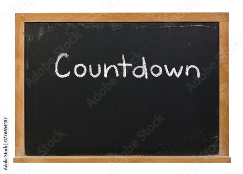 Countdown handwritten in white chalk on a black chalkboard isolated in a wooden frame
