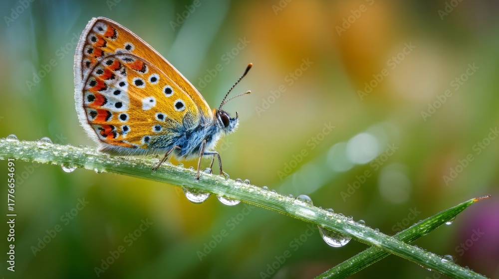 Obraz premium Close-Up of Colorful Butterfly on Dewy Green Blade of Grass in Natural Outdoor Setting, Capturing Nature's Beauty and Delicate Details
