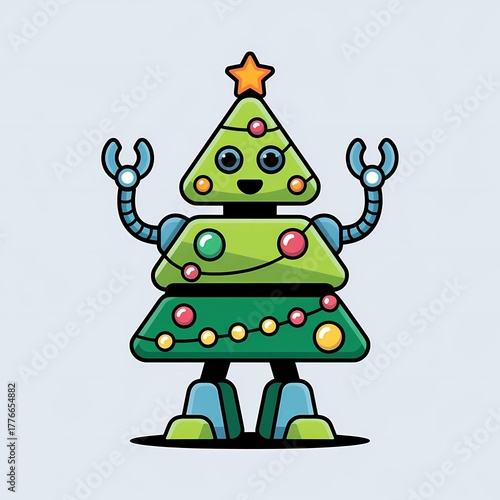 Friendly Robot Christmas Tree with LED Ornaments Flat Vector Design