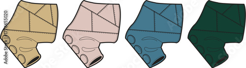A collection of technical vector illustrations showing an orthopedic knee support brace in four different color palettes for sports and medical design