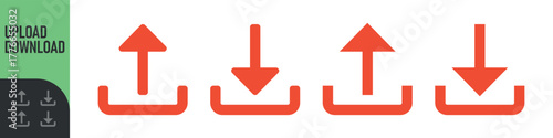 Set of upload and download icons arrow symbol in color and black outline styles. Perfect for data transfer, cloud storage, file sharing, transferring, saving, app interfaces, and modern digital design