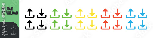 Set of upload and download icons arrow symbol in color and black outline styles. Perfect for data transfer, cloud storage, file sharing, transferring, saving, app interfaces, and modern digital design