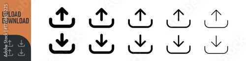 Set of upload and download icons arrow symbol in color and black outline styles. Perfect for data transfer, cloud storage, file sharing, transferring, saving, app interfaces, and modern digital design