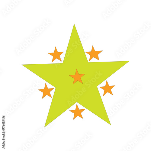 Bright Lime Green Star With Orange Mini Stars Decorative Icon For Celebration And Awards