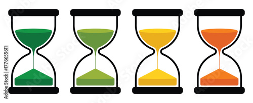 Hourglass icon set, vector illustrations depicting time passing, process progress from empty to full