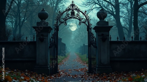Eerie moonlight illuminates a gothic cemetery gate in autumn, perfect for Halloween designs or atmospheric book covers, a spooky yet beautiful scene
