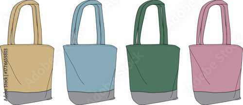 Collection of colorful reusable tote bags in a simple flat vector style, concept for eco-friendly shopping and sustainable fashion