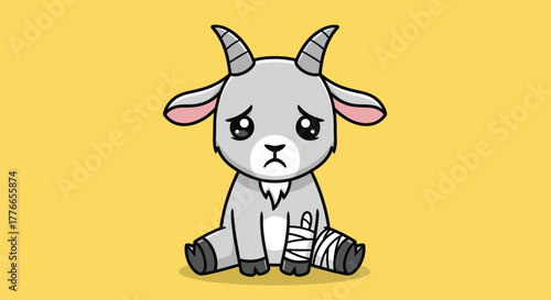 Sad Cute Goat Character with Bandaged Injured Leg