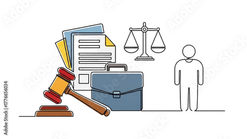 High-Quality Black Continuous Line Art of Gavel, Briefcase, and Document Icons Combined with Human Figure Beside Balanced Scales, Symbolizing Fairness, Compliance, and Legal Decision in Business