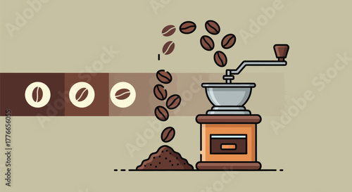 Coffee Beans Falling into Hand Grinder and Grinding Process Illustration