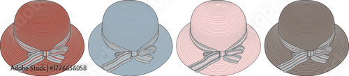 Elegant collection of classic summer straw hats, each adorned with a stylish bow, presented in an array of fashionable pastel and earthy tones, perfect for sunny days and outdoor activities