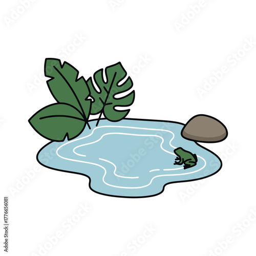 Small natural pond with rocks and green plants illustration