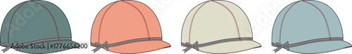 Four distinct equestrian riding helmets in different colors and styles displayed in a row, showcasing variety and options