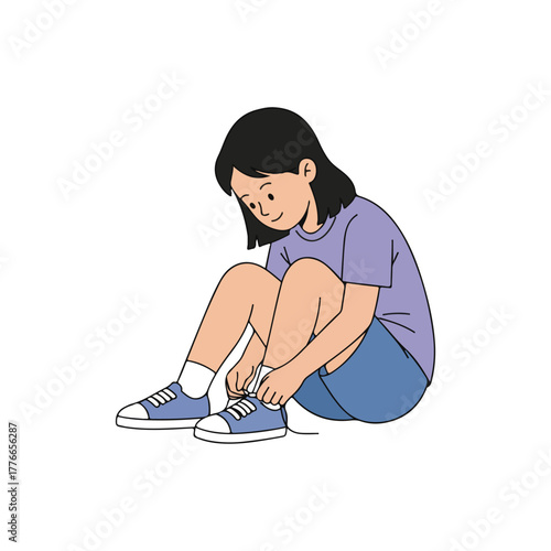 Young girl tying shoelaces sitting on ground prepared for outdoor play