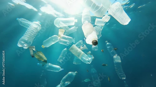 Plastic waste floating underwater, plastic bottles and cups drifting in the deep blue ocean, sunlight piercing through the water, marine pollution, environmental crisis