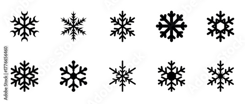 Set of Black Snowflake Icons on Transparent Background for Winter and Holiday Designs