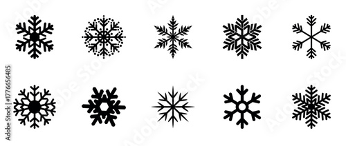 Set of Black Snowflake Icons on Transparent Background for Winter and Holiday Designs