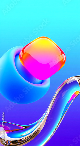Vibrant abstract 3D render with glossy cube, fluid shapes, and gradient background in modern digital art style