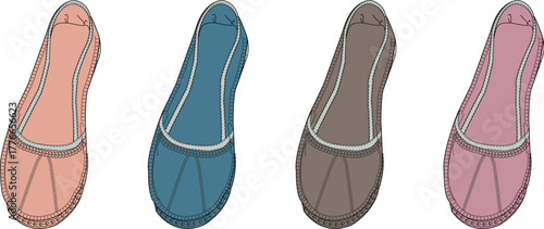 Set of four colorful women's ballet flats in pink, blue, and brown. Vector illustration of casual slip-on footwear isolated on a white background
