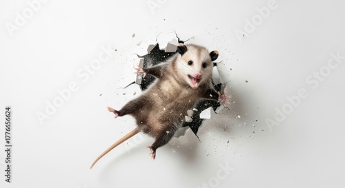 opossum busting or breaking through a wall on a solid white background, animal photo