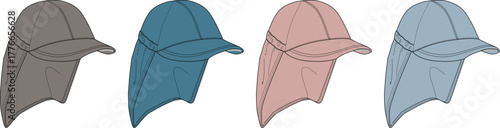 Collection of four kids' sun hats with neck protection in different colors brown, teal, pink, and blue