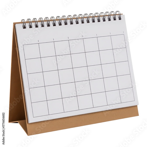 Blank desk calendar with spiral binding and cardboard stand isolated on transparent background