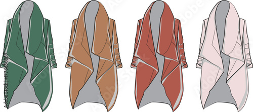 Fashion illustration set featuring versatile open-front waterfall cardigans in a spectrum of earthy and soft tones, perfect for stylish layering