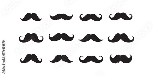 "A collection of 50 unique mustache silhouettes in black on white background, classic, modern, curly, handlebar, vintage and cartoon styles, centered and evenly spaced"