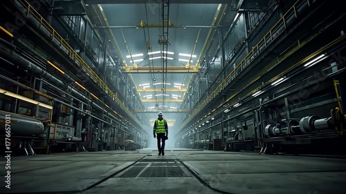 Industrial engineer in safety gear walks through massive factory pipeline corridor with overhead lights