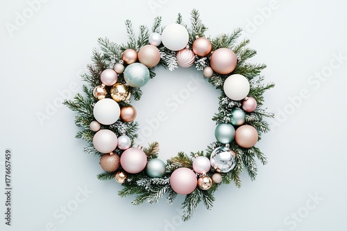 Pastel Christmas Wreath with Rose Gold and Pink Ornaments on Evergreen Branches on White Background.