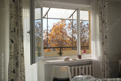 open window in the bright autumn morning with garden view