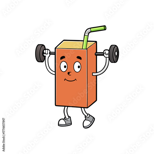 Cartoon juice box character lifting weights