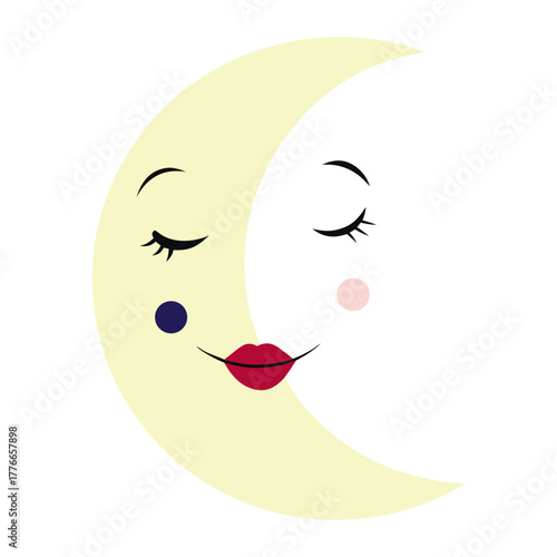 Whimsical crescent moon with closed eyes and red lips