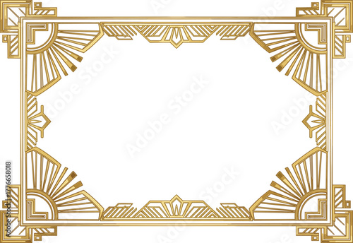 Art Deco Gold Frame Vector, Elegant Gatsby Border, Vintage 1920s Luxurious Design, Sunburst Geometric Motif, Formal Invitation Template, Editable Metallic.