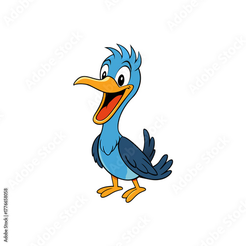 Happy blue cartoon bird with open mouth and orange beak