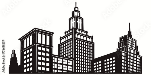 Silhouette of a cityscape with various buildings and skyscrapers against a white background view