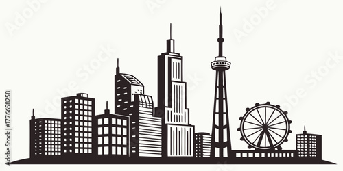 Silhouette of a city skyline with buildings tower and ferris wheel against a white background in vector art