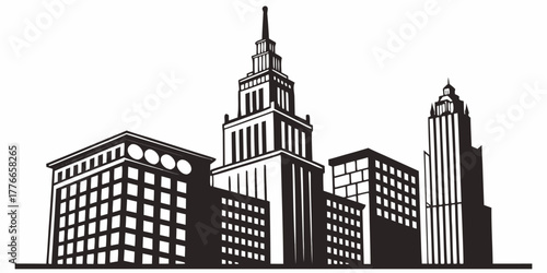 Silhouette of a city skyline with various buildings and a tall central tower dominating the viewscape