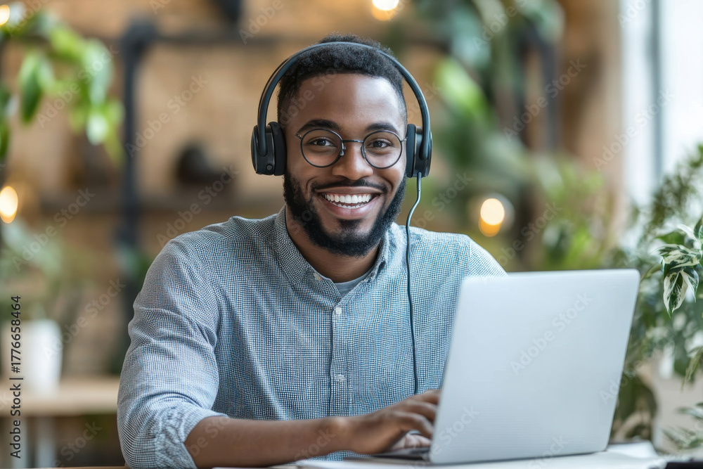 Fototapeta premium A smiling man in a suit wearing headphones while working on a laptop in a modern office environment.