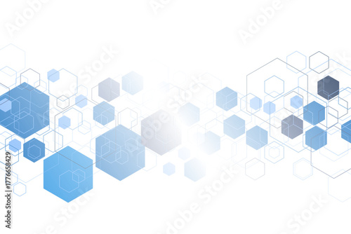 Modern and clean abstract geometric design with blue and gray hexagons on a white background