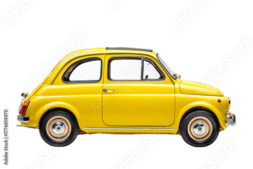 Classic yellow vintage car isolated on transparent background, retro small automobile for travel, transportation, nostalgia, and automotive collection concept