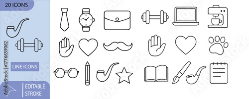 Set of 20 editable stroke line icons for lifestyle and hobbies collection
