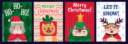 Festive christmas holiday greeting cards with cute funny cats. Textured Merry christmas postcards Illustration, cartoon kitten pets in clothes, winter holiday vector invitations set