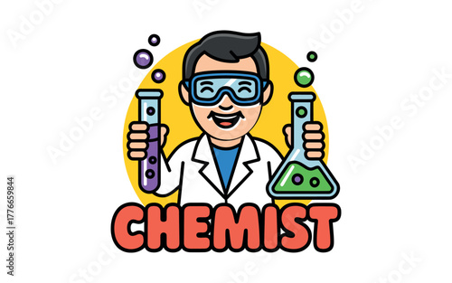 Enthusiastic cartoon chemist in lab coat and goggles holding colorful beakers with bubbles