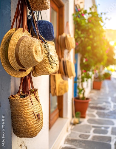Straw bags and hats hang from a whitewashed building, sunlit alley
